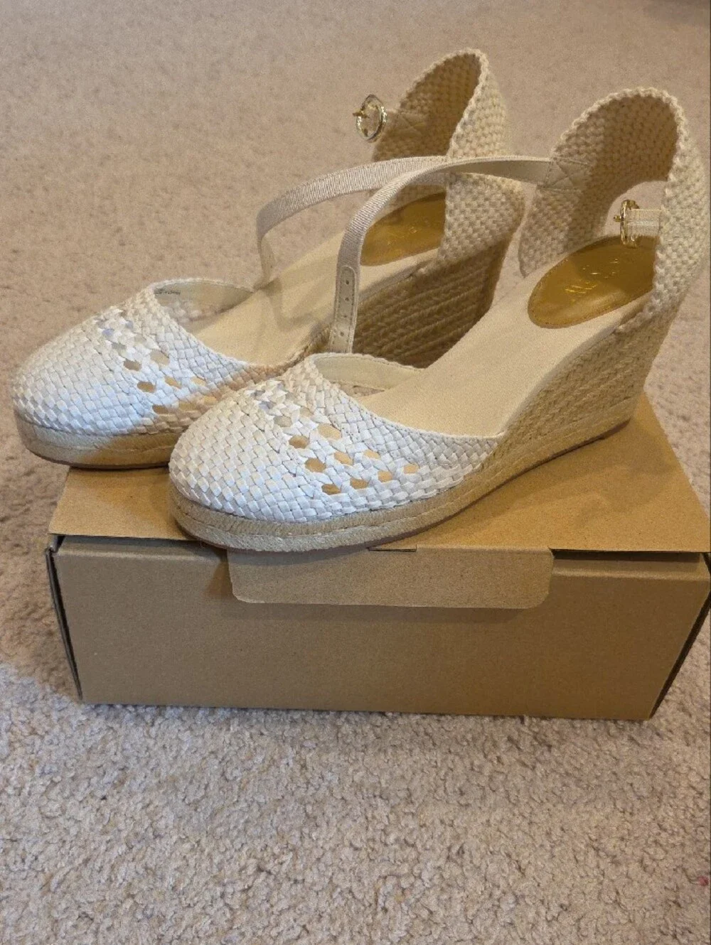 J. Crew Cream Woven Espadrille Wedge Sandals with Ankle Strap and Gold Buckle